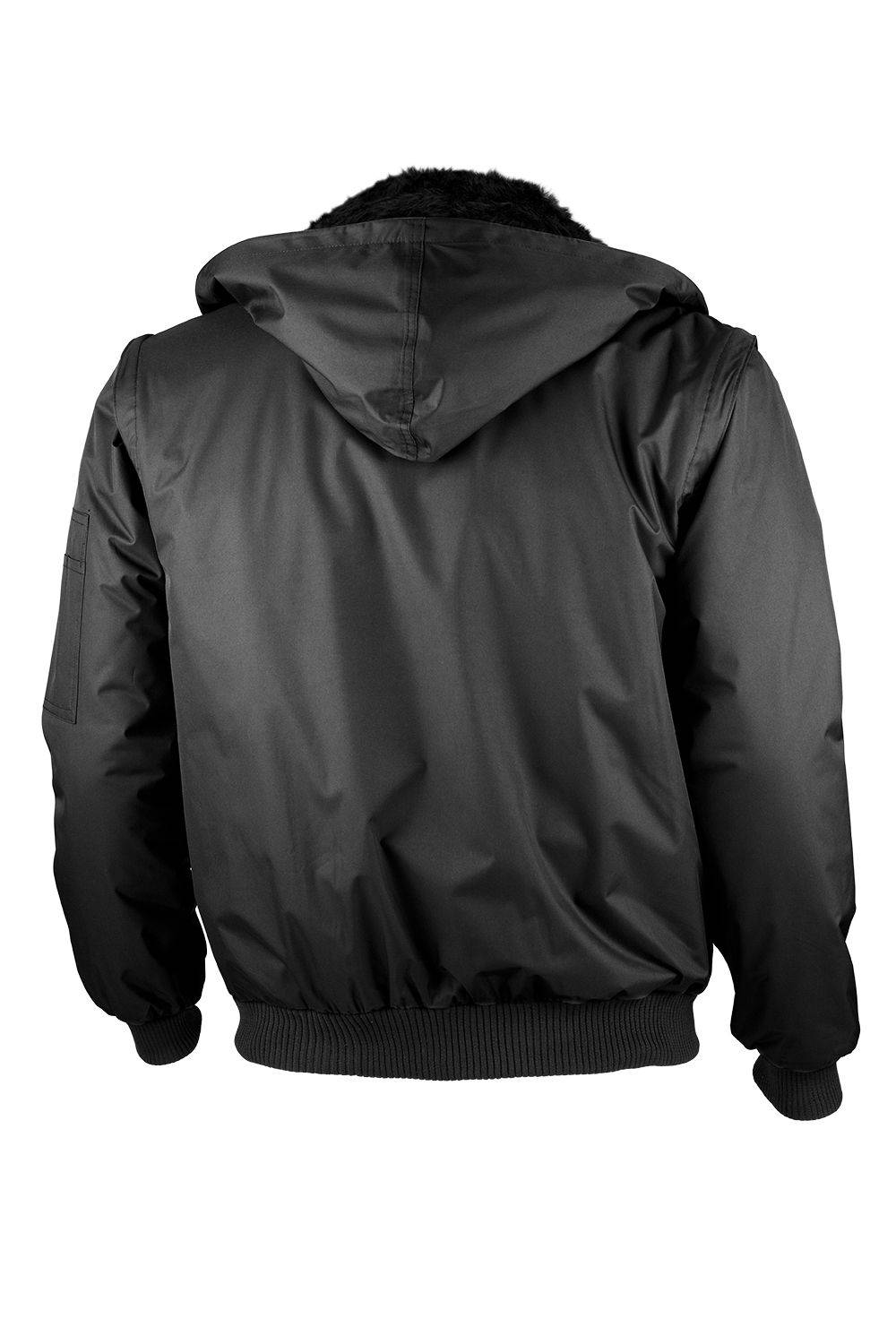 Eine Person, die eine schwarze Jacke mit Kapuze trägt, wird von hinten gezeigt, wobei die Textur und Passform der Jacke hervorgehoben werden.