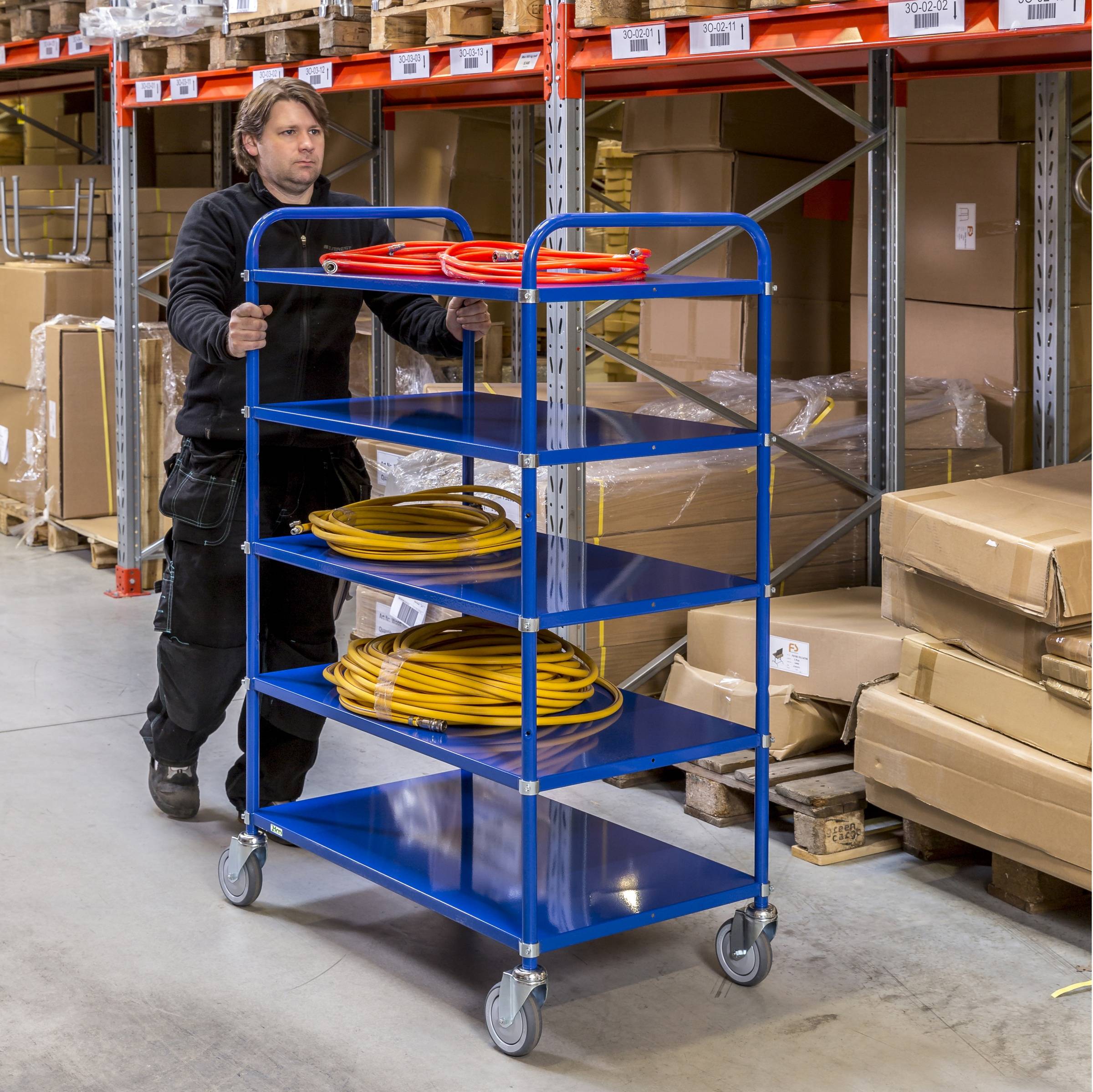Kongamek Etagenwagen mit 5 Böden 900x440mm pulverbeschichtet in blau 24mm Rand ohne Bremse