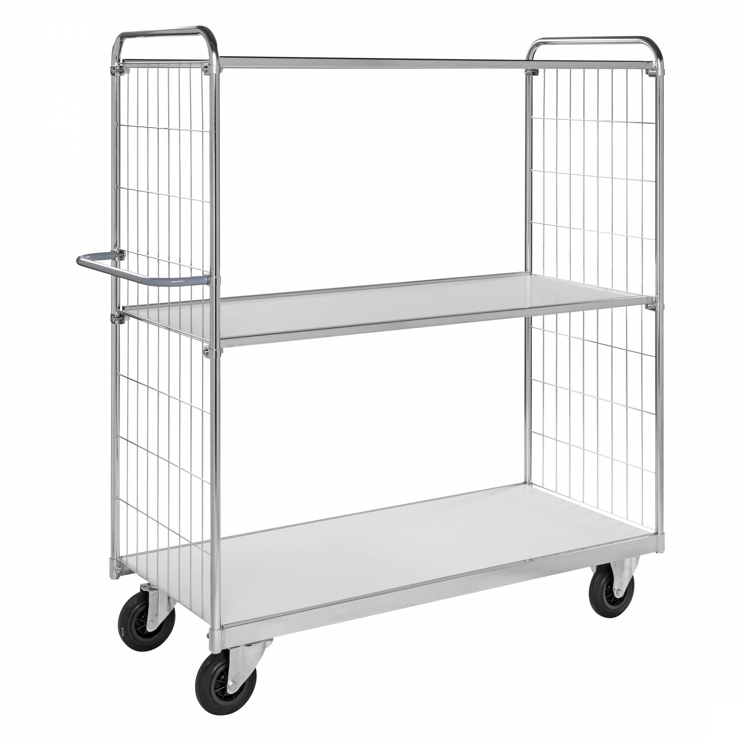 Kongamek Bordwagen verzinkt mit 3 laminierten Böden 1600x600mm vergitterte Stirnwände ohne Bremse