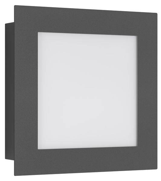 Quadratische dunkelgraue Wandleuchte mit weißem Mattglas-Frontpaneel, dargestellt in einer einfachen Produktansicht.