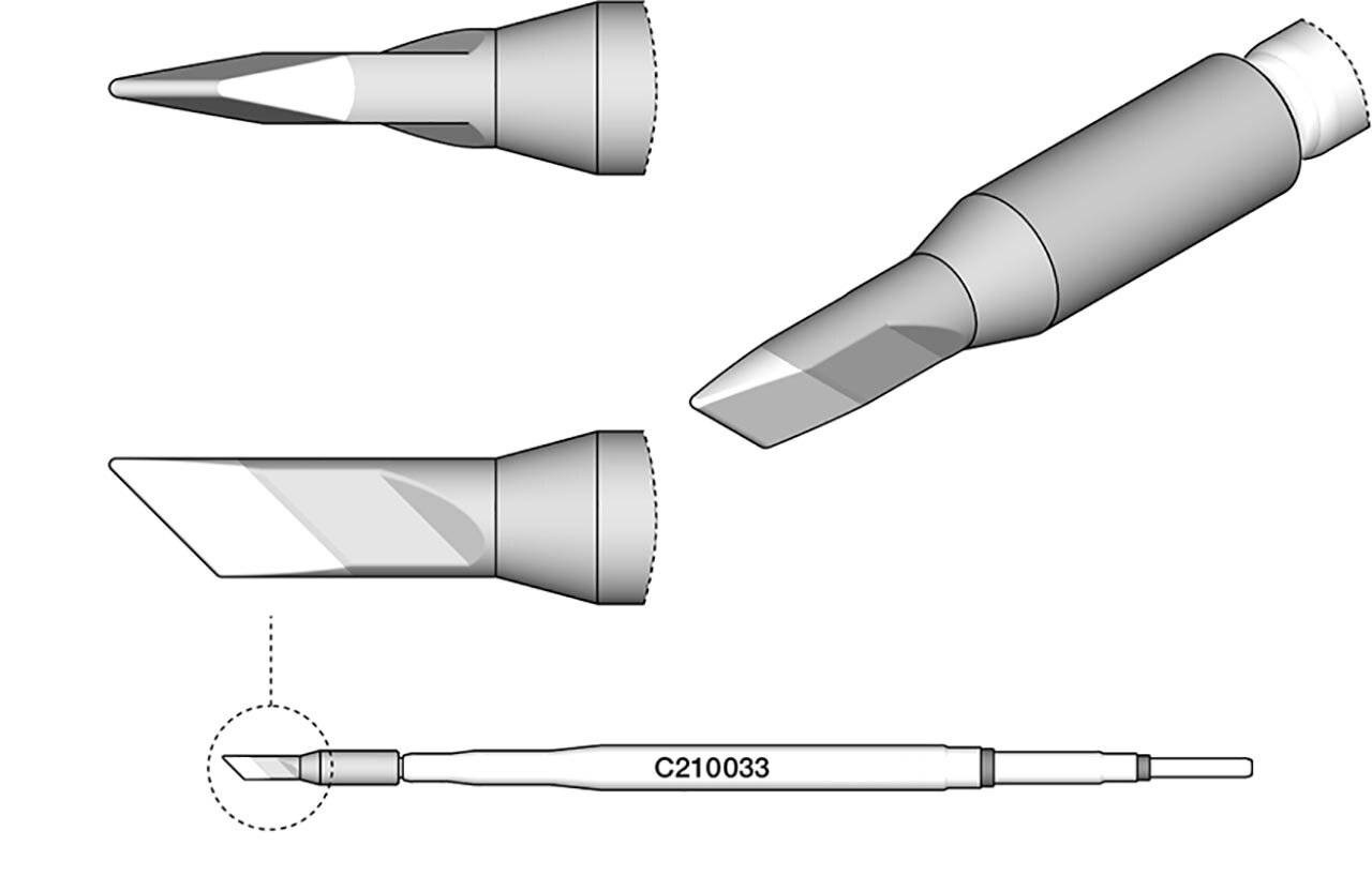 Technische Zeichnung einer stiftähnlichen Werkzeugspitze mit drei vergrößerten Ansichten der Düse und einer Vollansicht mit der Bezeichnung „C210033", wobei die Spitze durch einen gepunkteten Kreis hervorgehoben ist.