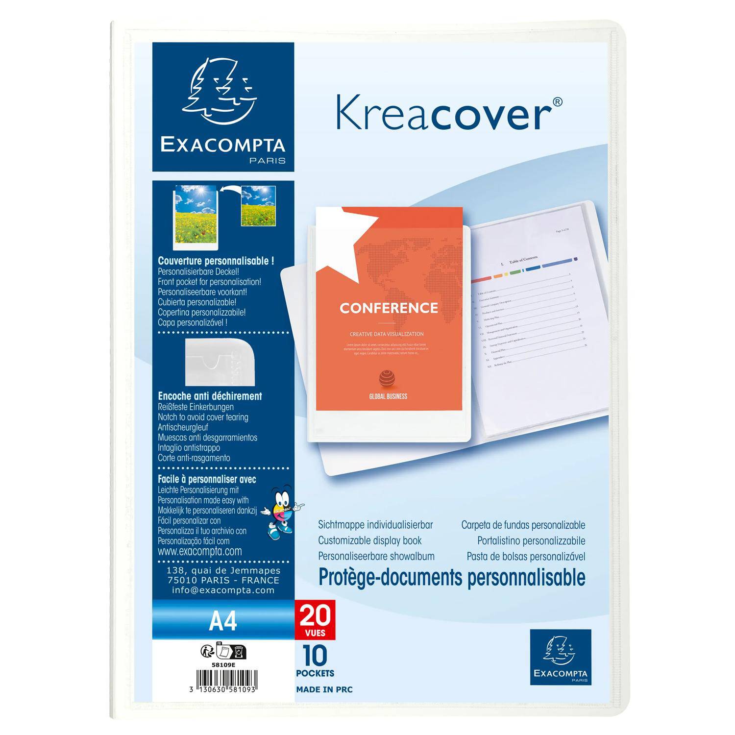 Verpackung für Exacompta 'Kreacover' anpassbarer Dokumentenschutz mit Beispiel-Orangecover und Bindereinsätzen.