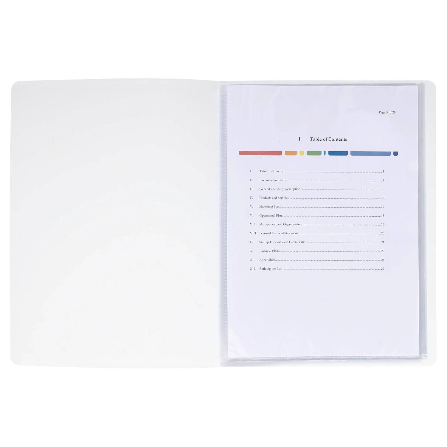 Aufgeschlagenes Buch, das auf der rechten Seite eine Inhaltsverzeichnisseite mit farbigen Registerreitern und auf der linken Seite eine meist leere Seite zeigt.