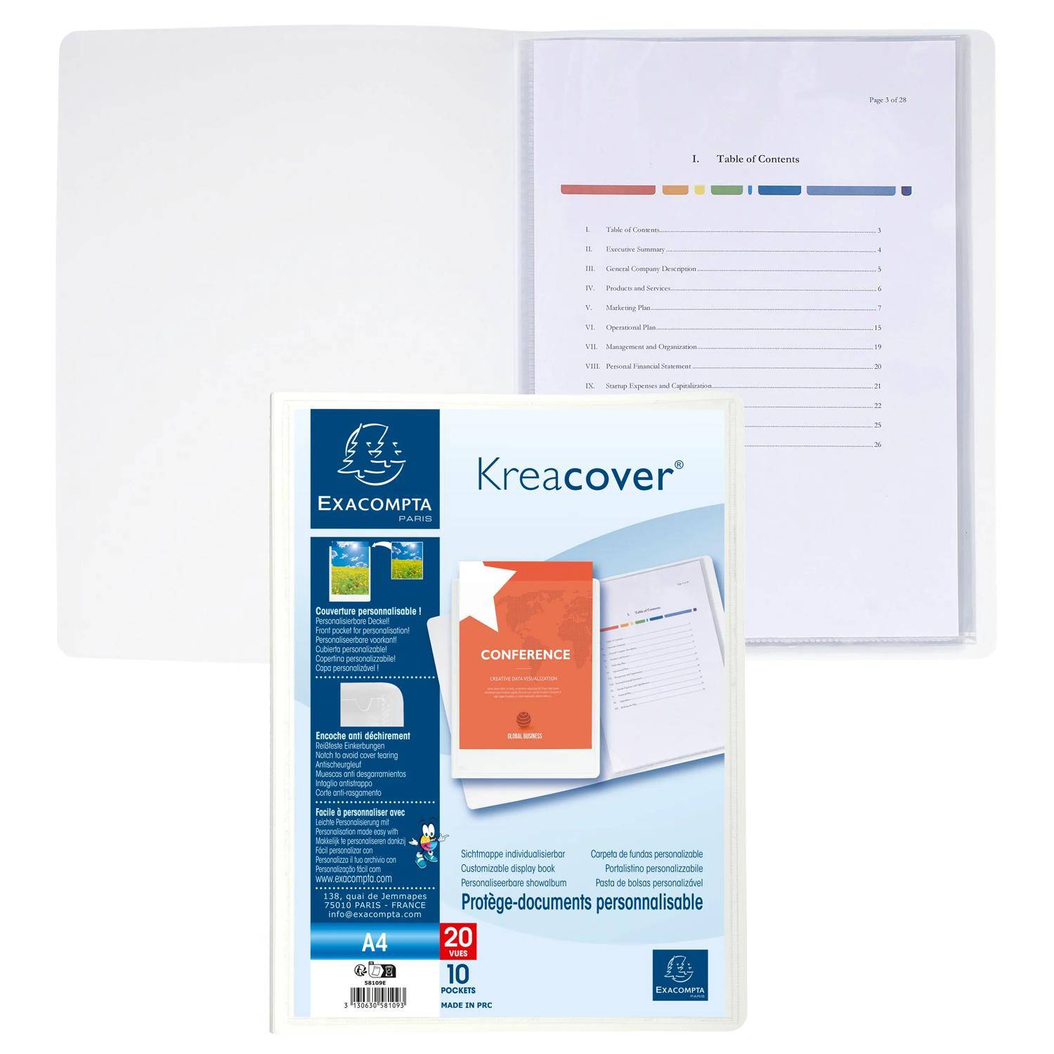 Exacompta Kreacover anpassbare A4-Dokumentenmappe, geöffnet dargestellt mit einer Inhaltsverzeichnisseite und der Produktverpackung davor.