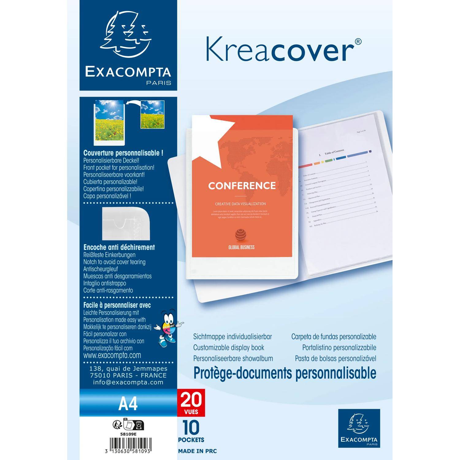 Exacompta Kreacover A4 anpassbarer Dokumentenhefter mit 20 Ansichten und 10 Taschen, geöffnet mit einer „KONFERENZ"-Umschlagleiste und Trennblättern.