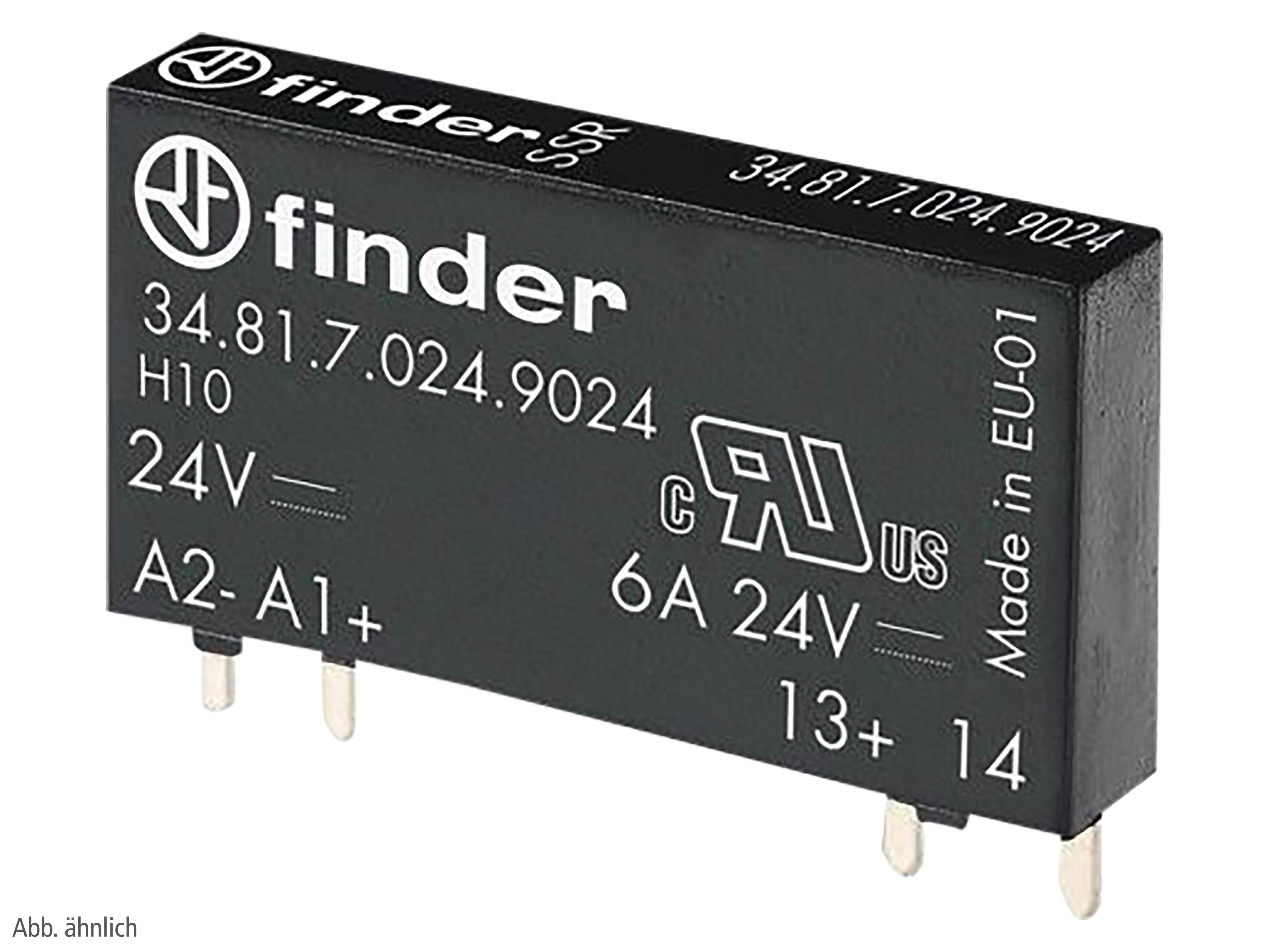 Eine schwarze Leistungsrelaiskomponente mit weißem Text, die das Modell '34.81.7.024.9024', '6A 24V' und 'Made in EU-01' zeigt. Acht Metallstifte ragen darunter hervor.