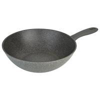 Eine graue antihaftbeschichtete Wok oder tiefe Bratpfanne mit einem einzelnen Griff, gezeigt auf weißem Hintergrund.