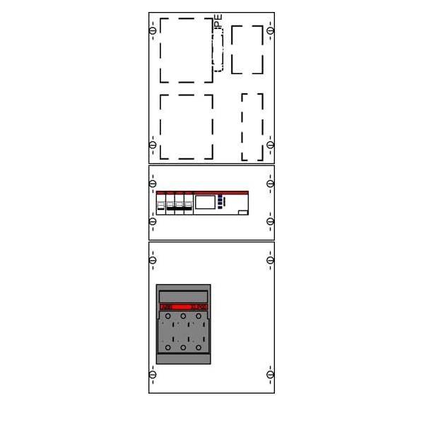Diagramm einer dreisektionalen elektrischen Schalttafel mit Leitungsschutzschaltern, mit 'PE' und 'L' beschriftet, die Anordnung und Funktion der Tafel darstellend.