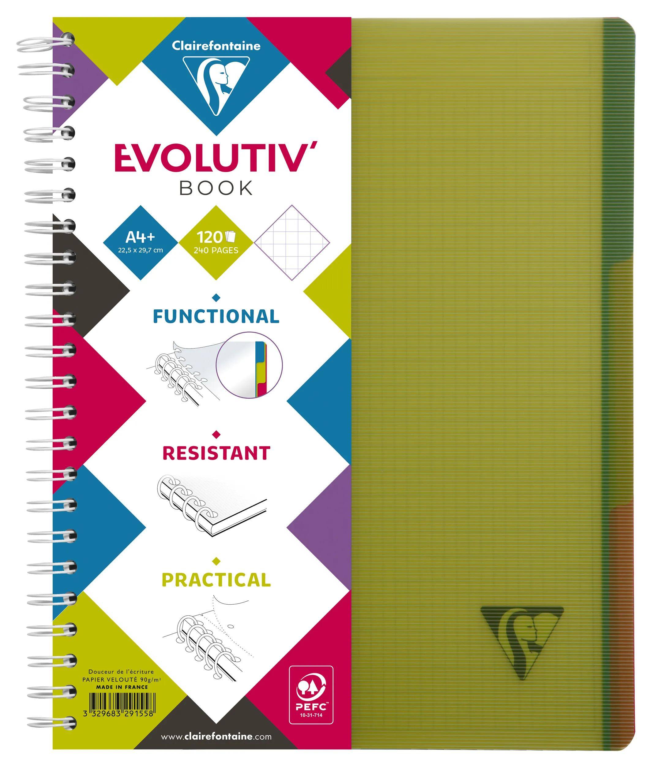 Grünes spiralgebundenes Clairefontaine Evolutiv'-Notizbuch mit weißem Etikett auf der Vorderseite, das 'A4+', '120 Seiten', 'Funktional', 'Widerstandsfähig' und 'Praktisch' anzeigt.