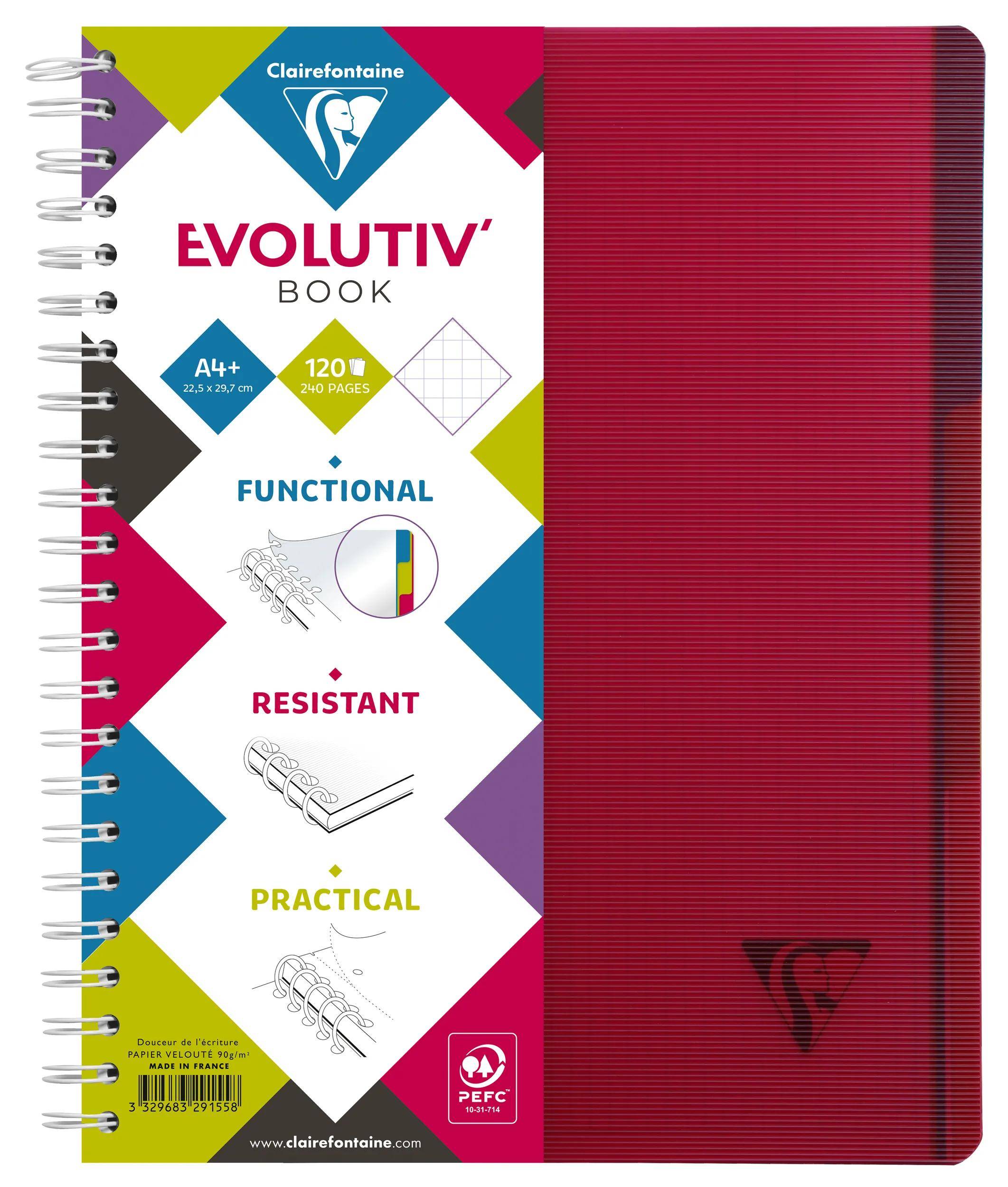 Spiralgebundenes Clairefontaine Evolutiv' Notizbuch mit rotem Umschlag und gekennzeichneten Eigenschaften: A4+, 120 Seiten, funktional, strapazierfähig, praktisch.