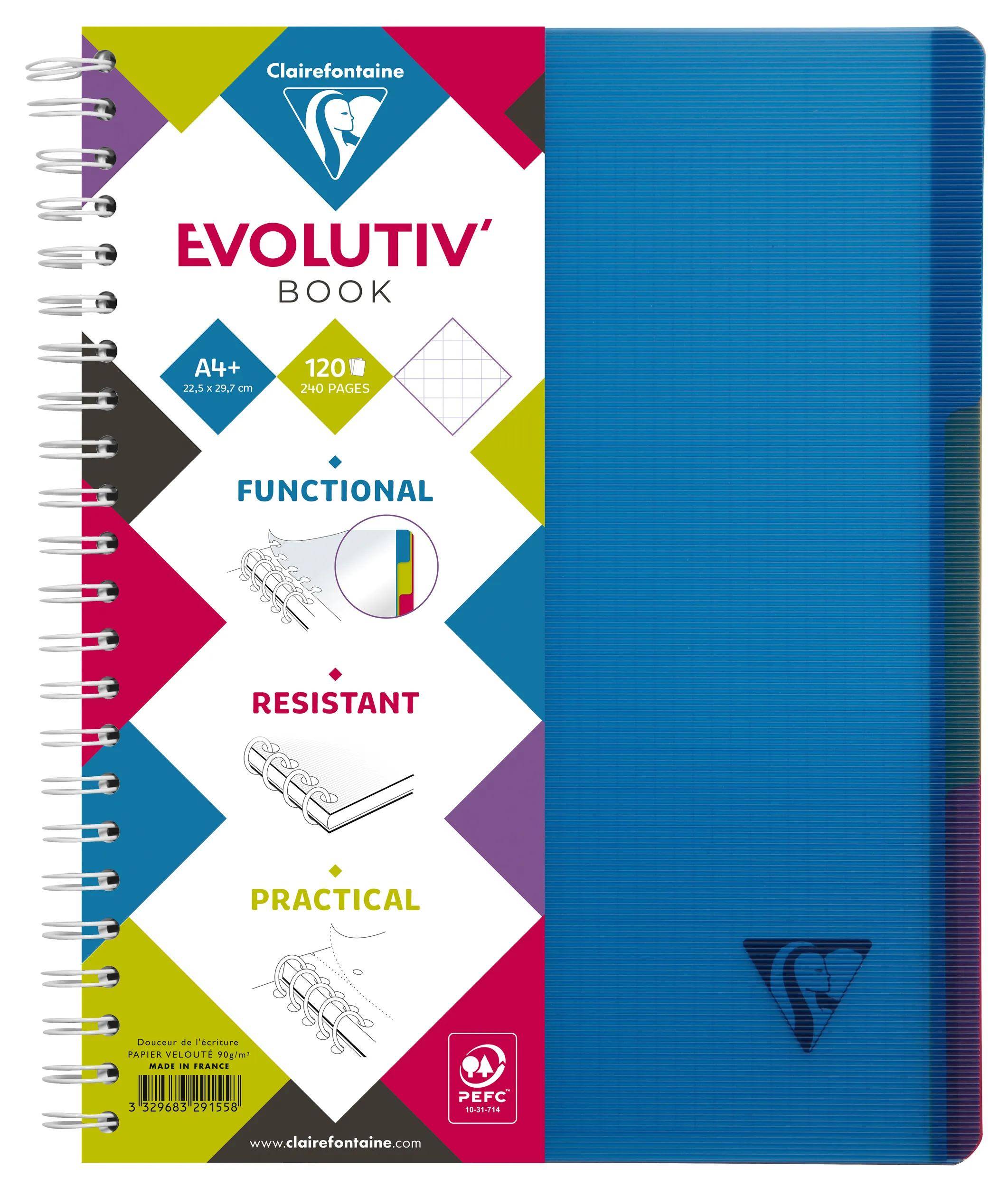 Blaugebundenes Clairefontaine Evolutiv' Notizbuch mit spiralgebundener Bindung und weißem Etikett auf der Vorderseite, das A4, 120 Seiten zeigt, mit funktionalen, widerstandsfähigen und praktischen Eigenschaften.