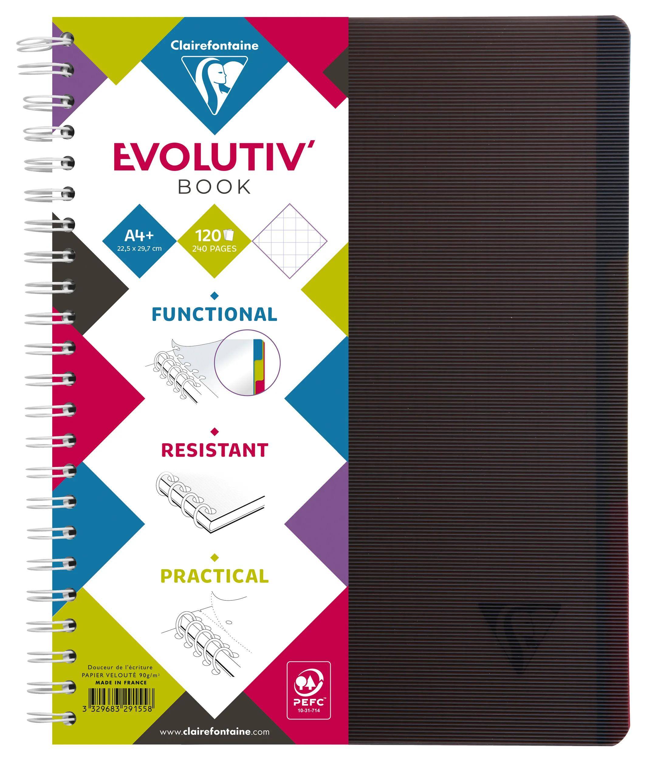 Spiralgebundenes Clairefontaine 'Evolutiv' Notizbuch mit schwarzem Umschlag; auf der Vorderseite werden 'A4+', '120 Seiten', 'Funktional', 'Widerstandsfähig' und 'Praktisch' angezeigt.