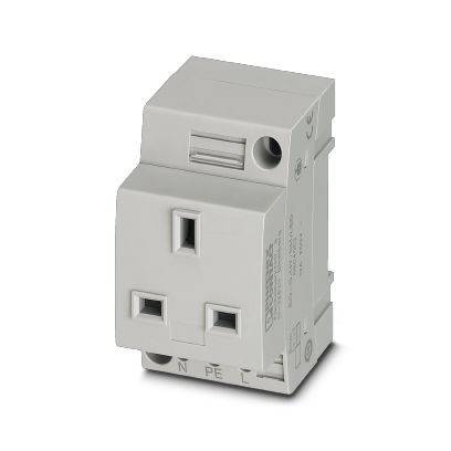 Weißes Elektrosteckdosenmodul mit beschrifteten Anschlüssen N, PE und L, dargestellt in einer produktstilisierten Ansicht auf neutralem Hintergrund.