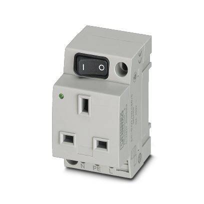 Grauer Elektrosteckdosenadapter mit Ein-/Ausschalter und Kontrollleuchte, zeigt dreipolige Steckdose und Anschlussmarkierungen.