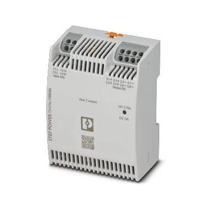 Eine weiße STEP POWER DIN-Schienen-Stromversorgung mit mehreren Anschlüssen, beschriftet mit '24V 0,75A'. Sie verfügt über Belüftungsschlitze und einen QR-Code.