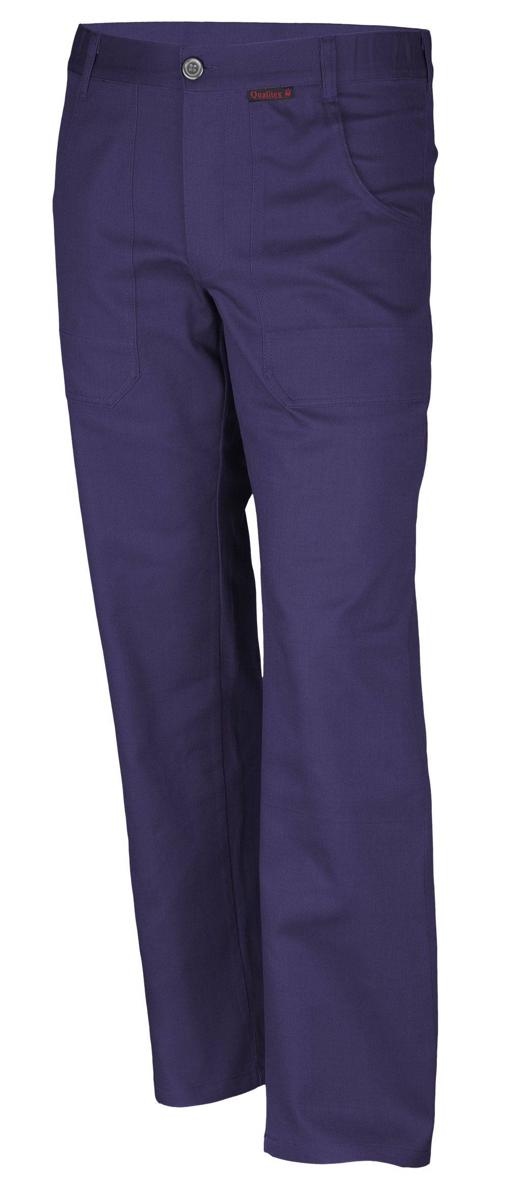Nahaufnahme einer dunkellila Hose mit sichtbaren Vordertaschen und einfacher Naht, die die Gewebestruktur und Designdetails hervorhebt.