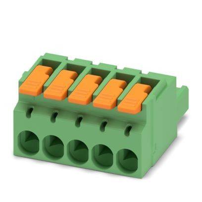 Ein grüner Anschlussblock mit fünf orangefarbenen Hebeln, der für die elektrische Verdrahtung verwendet wird.