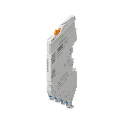 Ein schlankes, rechteckiges elektronisches Modul mit mehreren Anschlüssen, das für Industrieanwendungen verwendet wird, dargestellt in einer Seitenansicht.