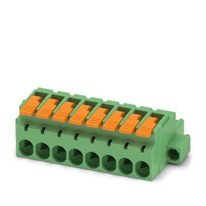 Ein grüner Klemmblock mit acht orangefarbenen Hebeln, verwendet zum sicheren Anschließen von Elektrokabeln.