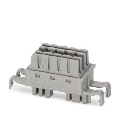 Ein grauer industrieller Elektrostecker mit mehreren Schlitzen und Befestigungsclips, der zum Sichern elektrischer Verbindungen in Geräten verwendet wird.