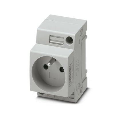 Graue modulare Elektrosteckdose mit eingebautem Schalter, isoliert auf weißem Hintergrund dargestellt.