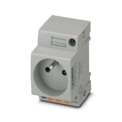 Grau montiertes DIN-Schienenmodul mit europäischer Steckdose und Schraubklemmen.