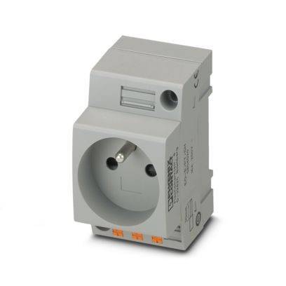 Grauer Elektrostecker-Adapter mit rundem Steckauslass und drei orangefarbenen Anschlüssen an der Unterseite, wird zum Anschließen von Geräten verwendet.
