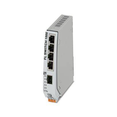 Ein kompakter Netzwerk-Switch mit vier Ethernet-Anschlüssen, auf der Seite mit 