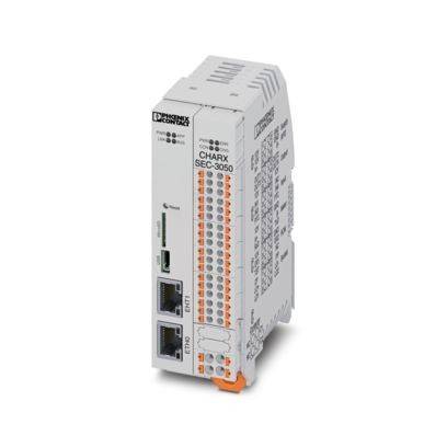 Ein weißes elektronisches Gerät mit mehreren Anschlussanschlüssen, gekennzeichnet mit „CHARX SEC-3050