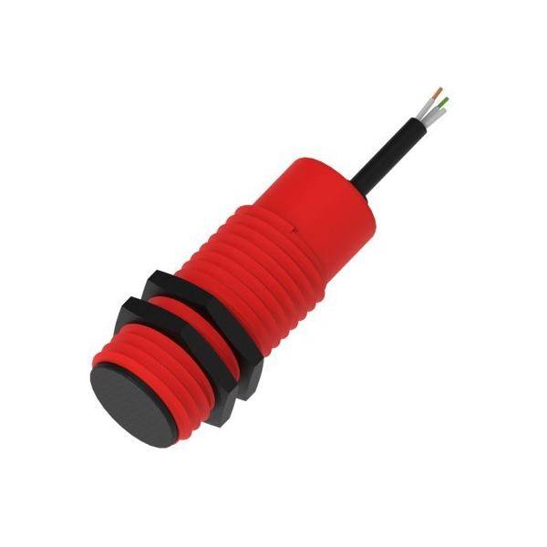 Ein roter elektrischer Stecker mit einem schwarzen zylindrischen Gehäuse, einem verschraubten Mittelteil und Kabeln, die von der Oberseite herausragen.
