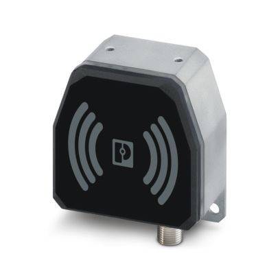 Ein schwarzer und silberner Industriesensor mit Wellensymbolen auf der Vorderseite, was darauf hinweist, dass er Schall- oder Funkwellen zur Erkennung nutzt.