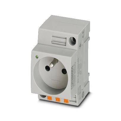 Weißes Elektrosteckdosenmodul mit rundem europäischem Stecker, Kontrollleuchte und Schalter zur DIN-Schienenmontage.