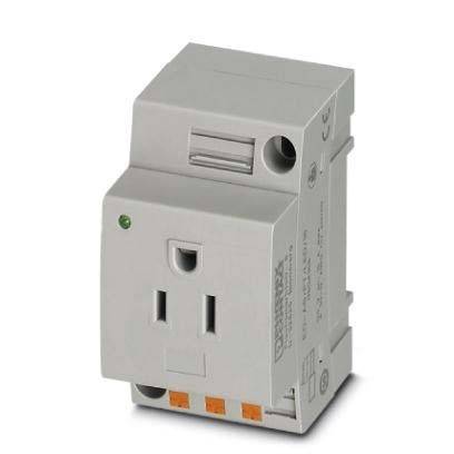 Eine graue Elektrosteckdose, montiert auf einem kompakten, industriellen Gehäuse mit sichtbaren Steckplätzen und einer Kontrollleuchte, die in elektrischen Installationen verwendet wird.