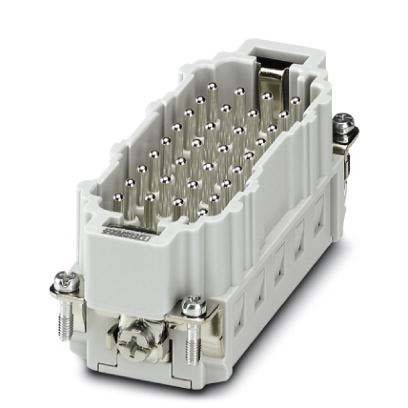 Ein Nahaufnahmefoto eines grauen rechteckigen industriellen Verbindungsstücks mit mehreren Metallstiften, das für elektrische Verbindungen in Maschinen entwickelt wurde.