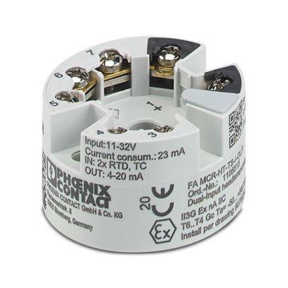 Ein kreisförmiges Phoenix Contact-Gerät mit der Bezeichnung „Eingabe: 11-32V, Stromverbrauch: 23 mA, EIN: 2x RTD, TC, AUS: 4-20 mA