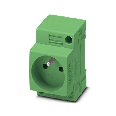 Grünes Elektrosteckdosenmodul mit rundem Steckanschluss im europäischen Stil an der Vorderseite und Klemmenblockgehäuse.