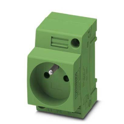 Eine grüne europäische Steckdose für Hutschienenmontage, die für industrielle und technische Installationen konzipiert ist.