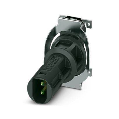 Ein schwarz-grüner industrieller Stromstecker mit einer Metallmontageklammer, entwickelt für sichere elektrische Verbindungen in Maschinen.