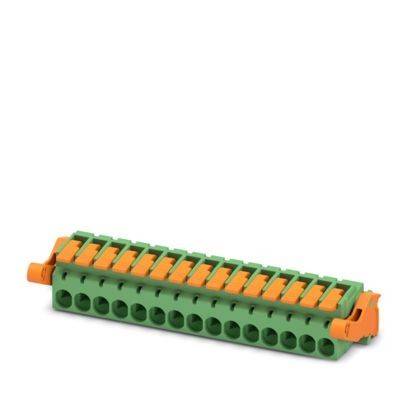 Ein grünes und orangefarbenes Klemmenpboard mit mehreren Anschllusspunkten zur Verkabelung. Geeignet für den Einsatz bei Elektroschalttafelverbindungen.