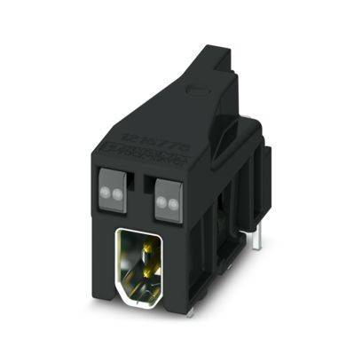 Eine schwarze elektronische Komponente mit rechteckiger Form und metallischen Anschlüssen, wahrscheinlich ein Stecker oder eine Buchse.
