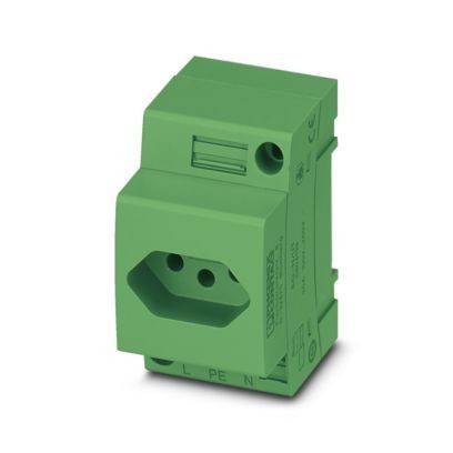 Eine grüne elektrische Komponente mit beschrifteten Anschlüssen, einschließlich 'L', 'N' und 'PE', entwickelt für die Verwendung in einem modularen Gerätesystem.