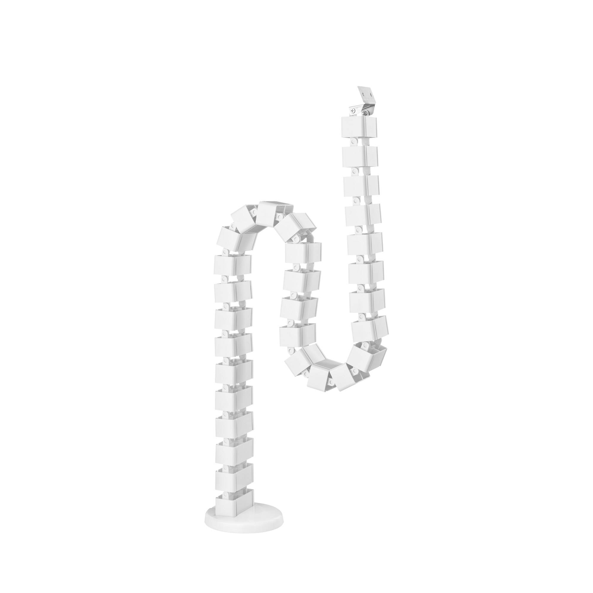 Eine weiße 3D-Kette aus kleinen Blöcken erhebt sich von einer runden Basis, schwingt in einem Bogen nach oben und hängt wieder gegen einen schlichten weißen Hintergrund nach unten.