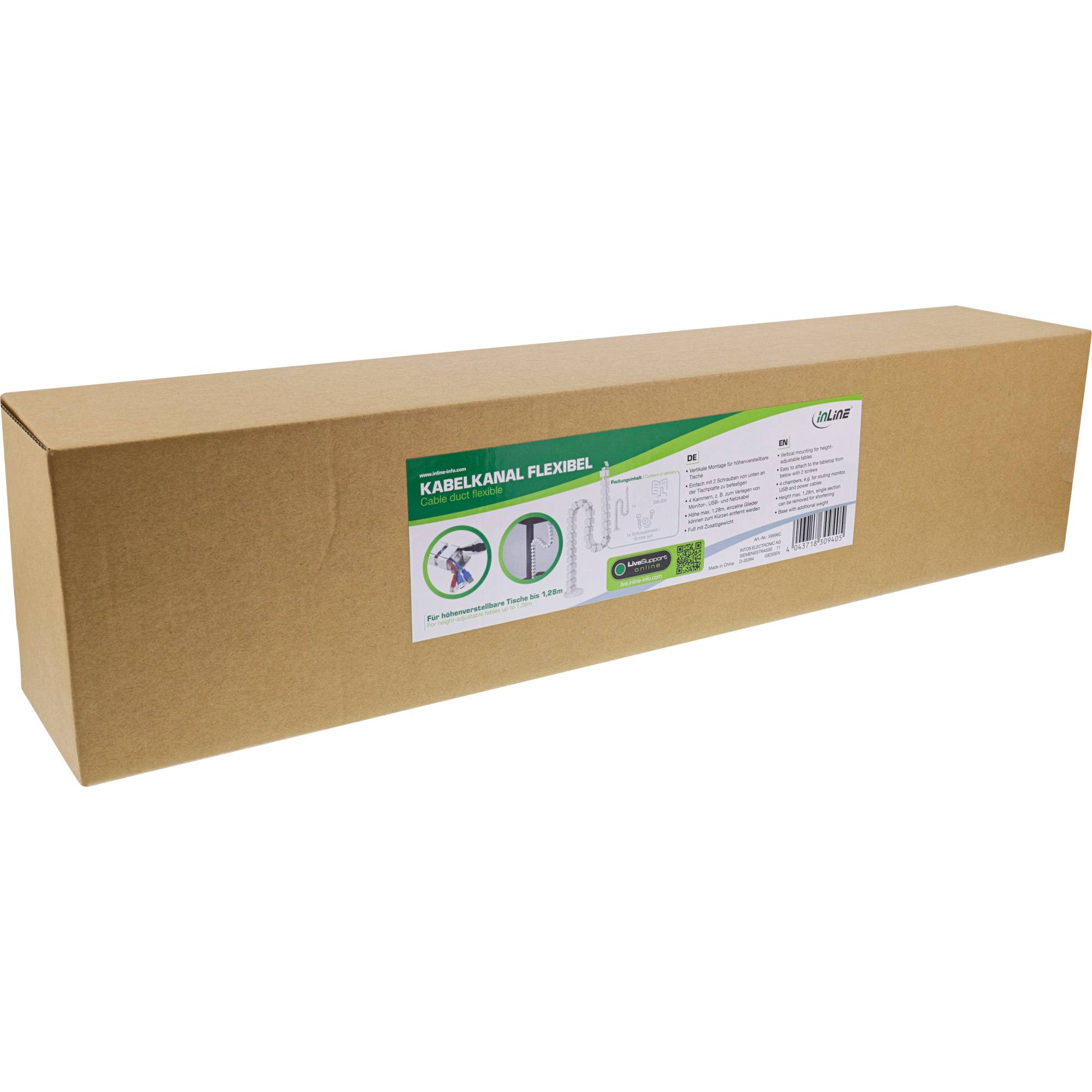 Lange Pappversandbox mit der Aufschrift "Kabelkanal flexibel"" auf weißem Hintergrund.
