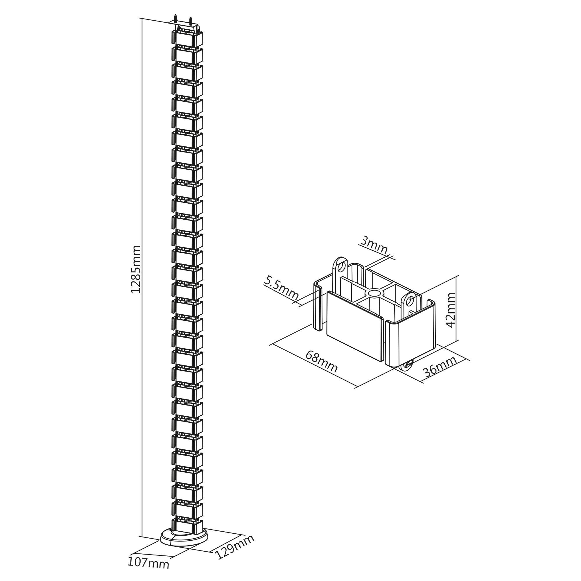 Technische Zeichnung eines hohen leiterartigen Kunststoffteils, 1285 mm hoch, mit einer 107 mm x 129 mm Basis und einem separaten kleinen Verbinderelement von 68 mm x 36 mm x 42 mm.