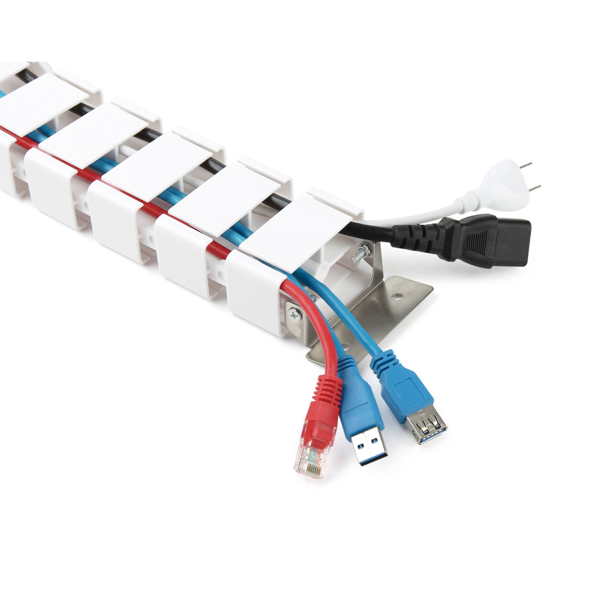 Kabelorganizer mit weißen Clips zur Bündelung von roten, blauen und schwarzen Strom- und Datenkabeln, einschließlich USB- und Ethernet-Steckverbindern.