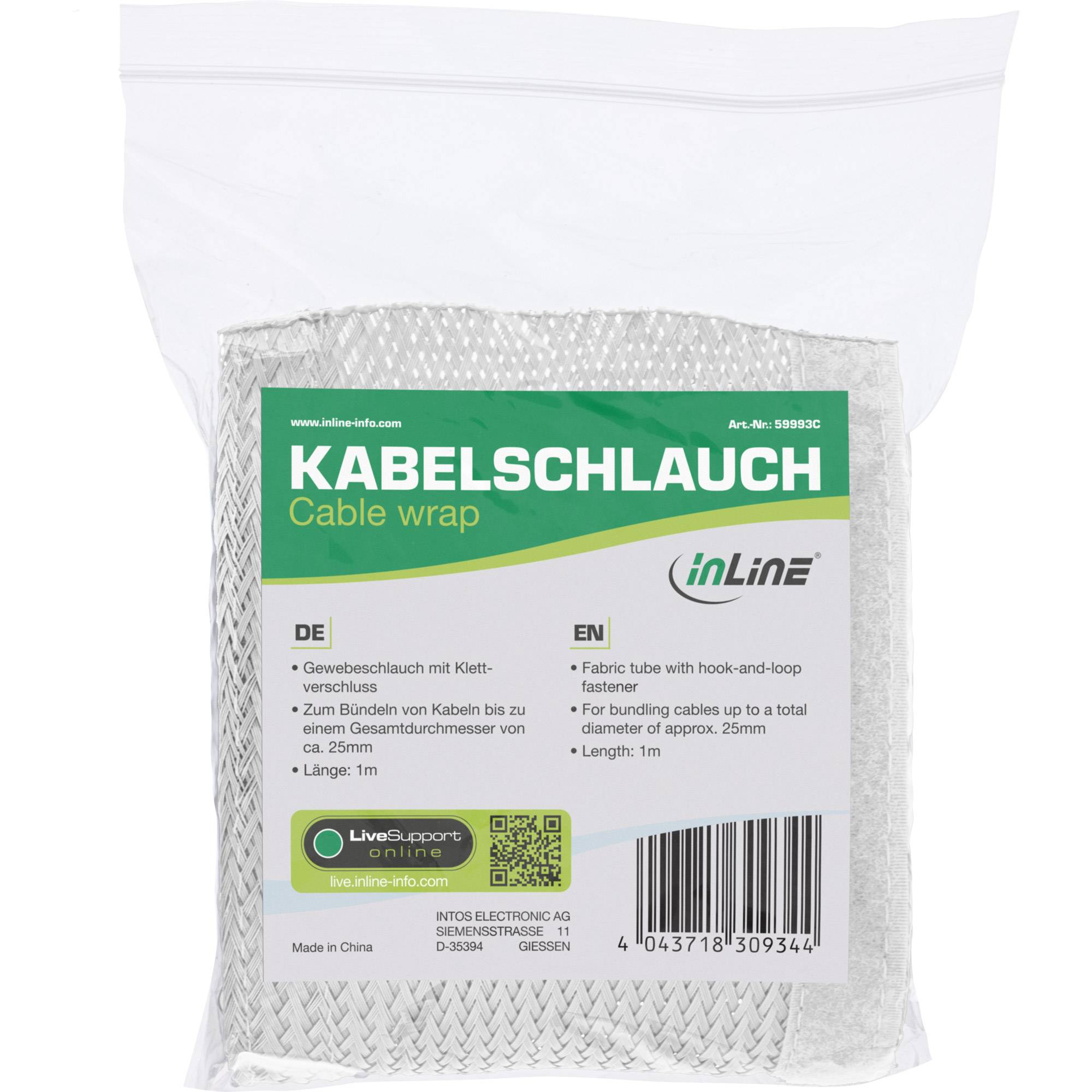 INLINE - Kabelschlauch - Gewebeschlauch mit Klettverschluss - 1m x 25mm weiß
