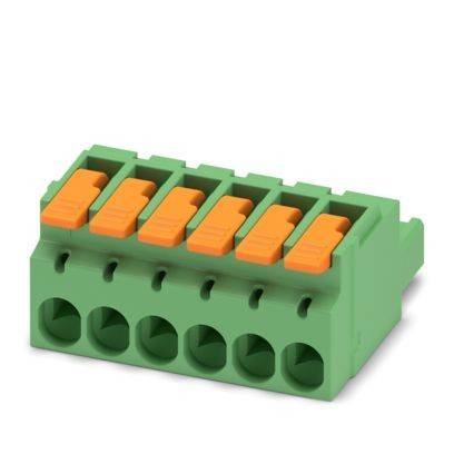 Ein grün und orange farbiges 5-poliges Klemmleistenmodul für elektrische Verbindungen mit Steckhebel-Mechanismus zum sicheren Fixieren von Drähten.