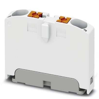 Ein weißer modularer elektrischer Anschlussblock mit zwei orangefarbenen Anschlusspunkten, der zum Sichern und Organisieren von Leitungen in elektrischen Schaltkreisen verwendet wird.