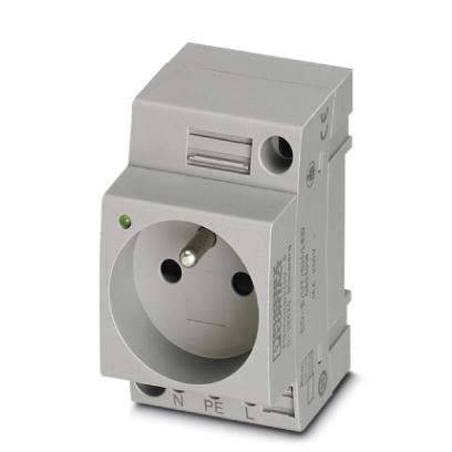 Eine einzelne graue Steckdose mit einer kreisförmigen Buchse und drei Löchern, die mit 'N', 'PE' und 'L' gekennzeichnet sind und Neutral, Schutzerde und Phase bezeichnen.