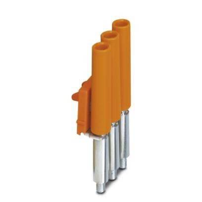 Ein orangefarbener Dreipol-Anschlussblock mit Metallverbindern, der zur Befestigung von elektrischen Leitungen in elektronischen Schaltkreisen verwendet wird.